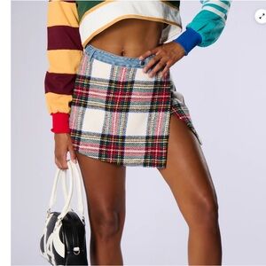 AKIRA  Plaid Mini Skirt with Denim Waistband S